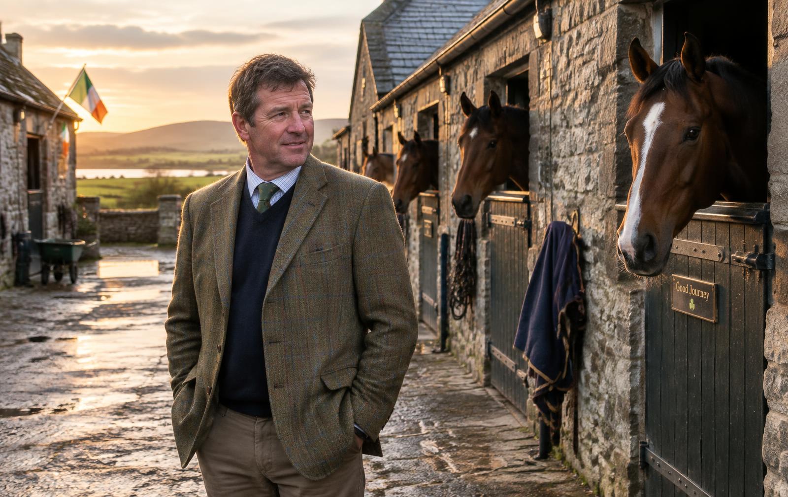 Racehorse trainer in a stable yard